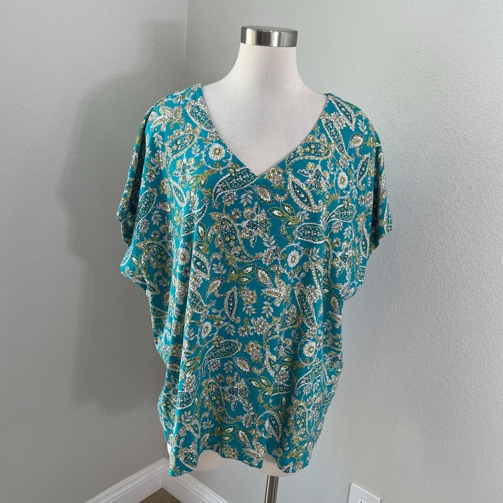 J Jill Womens Plus 3X Luxe Supima Pleat Back Top Paisley Turquoise Floral Shirt